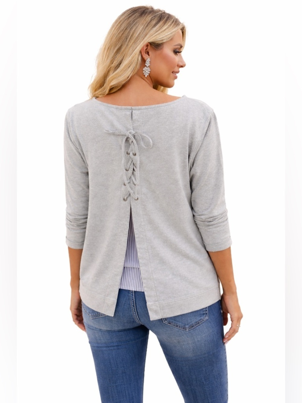 🔥🔥Multiples Gray And Stripe Pullover Top With Tie Up Back And Split size large